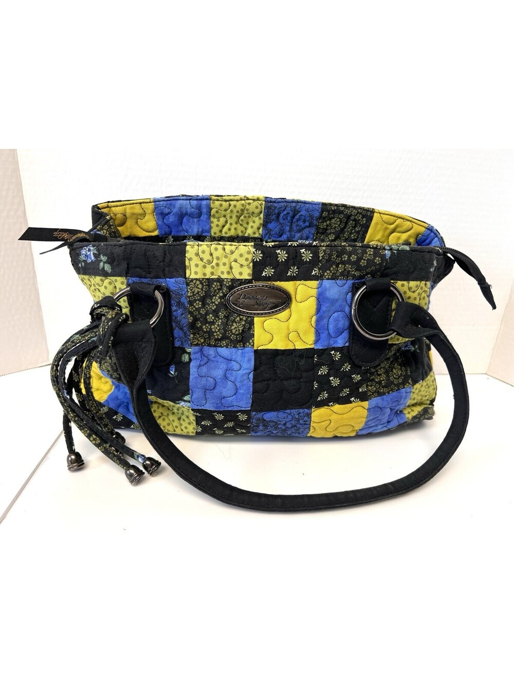 Donna Sharp Quilted Yellow, Blue & Black Purse Shoulder Handbag w/ Tassels